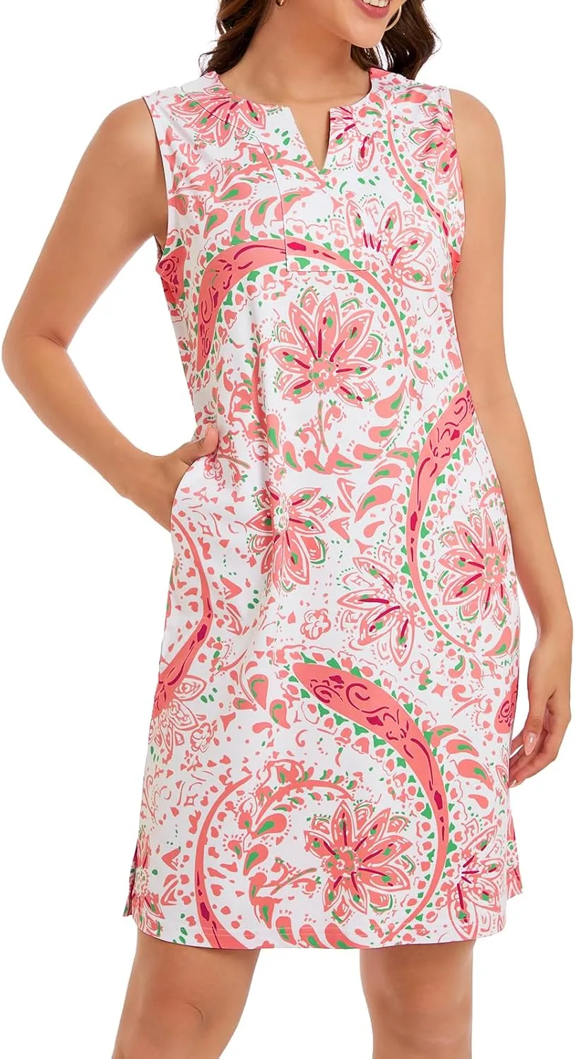 Lightbare Womens UPF 50  Casual Sundress Sleeveless Tank Dress Notch Neck Summer Floral Dresses with Pockets Loose Fit
