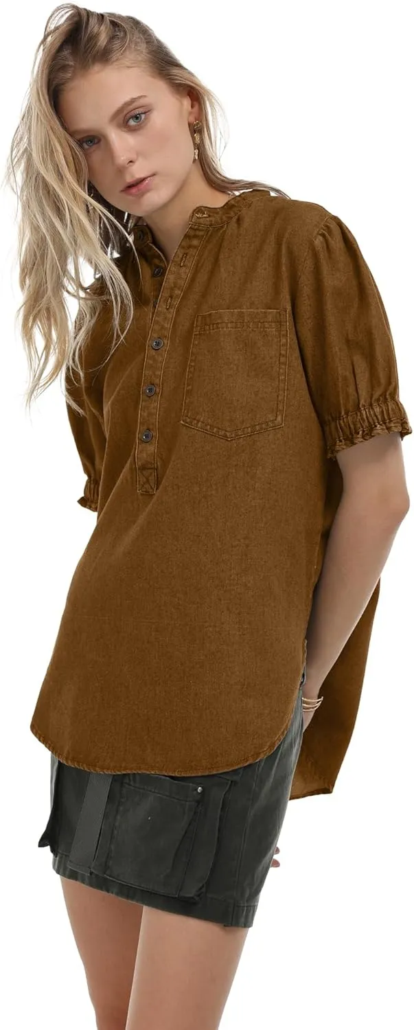 Locachy Women's Half Button Mock Neck Denim Shirt Casual Puff Short Sleeve Denim Blouse Top