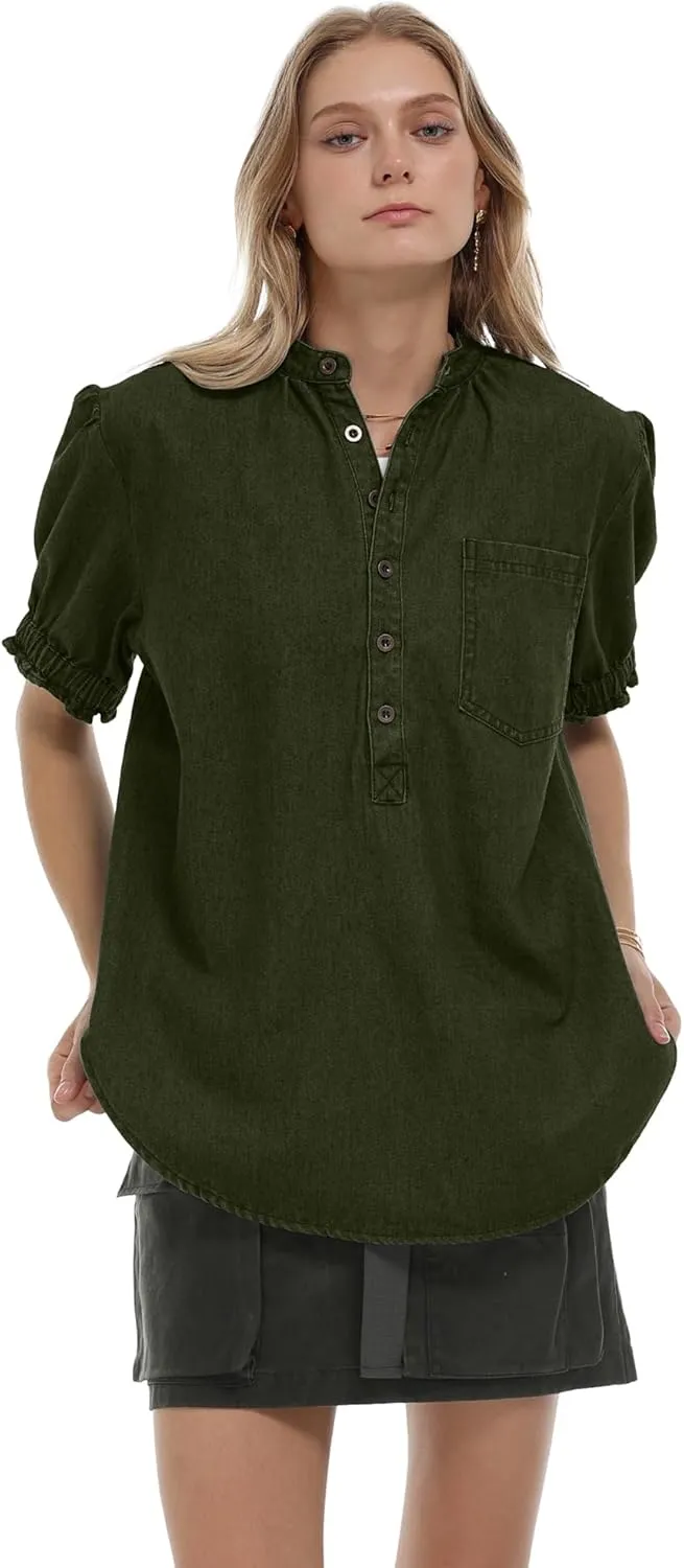 Locachy Women's Half Button Mock Neck Denim Shirt Casual Puff Short Sleeve Denim Blouse Top
