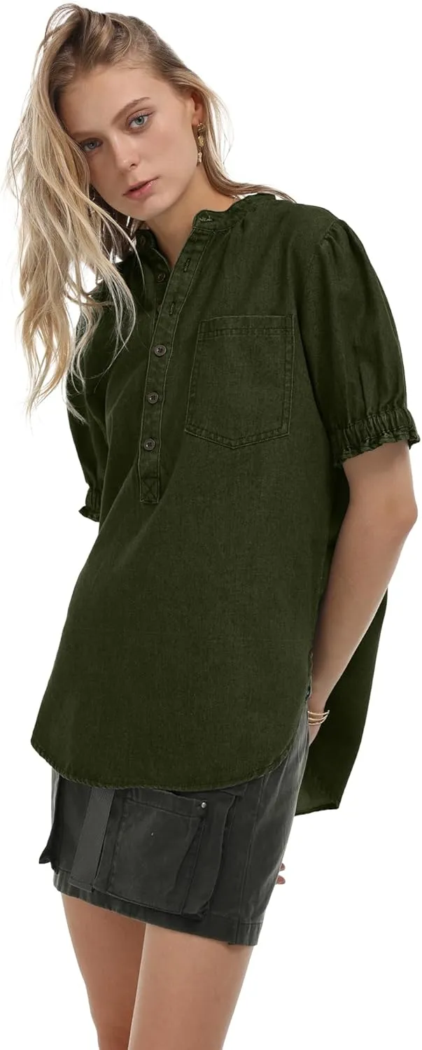 Locachy Women's Half Button Mock Neck Denim Shirt Casual Puff Short Sleeve Denim Blouse Top