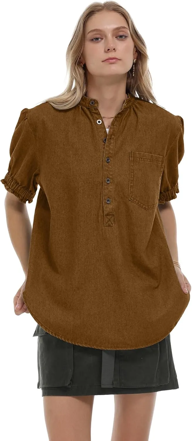 Locachy Women's Half Button Mock Neck Denim Shirt Casual Puff Short Sleeve Denim Blouse Top
