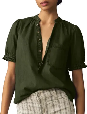 Locachy Women's Half Button Mock Neck Denim Shirt Casual Puff Short Sleeve Denim Blouse Top