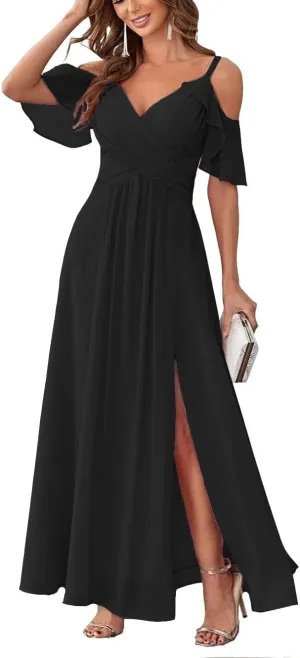 Long Chiffon Cold Shoulder Bridesmaid Dresses for Women 2024 Wedding Guest Dress Prom Formal Evening Ball Gown RYZ95