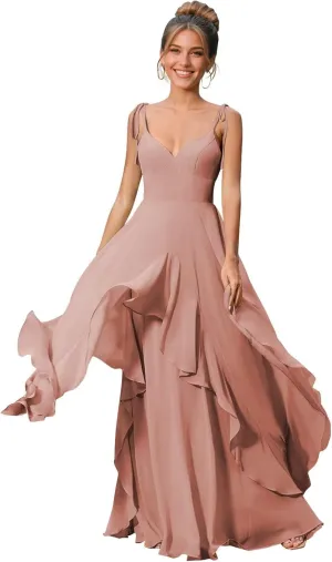 Long Puffy Tiered A Line Bridesmaid Dresses for Women Adjustable Straps Chiffon Formal Evening Party Gowns