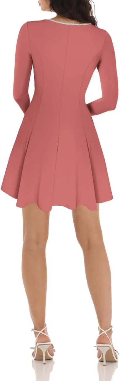 Lrady Womens Square Neck Bodice Dress Long Sleeve Flare A Line Club Party Mini Ruffle Swing Short Dresses