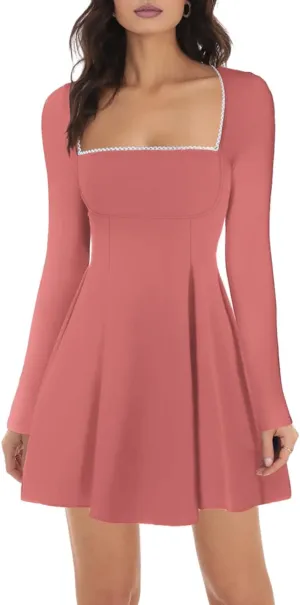 Lrady Womens Square Neck Bodice Dress Long Sleeve Flare A Line Club Party Mini Ruffle Swing Short Dresses