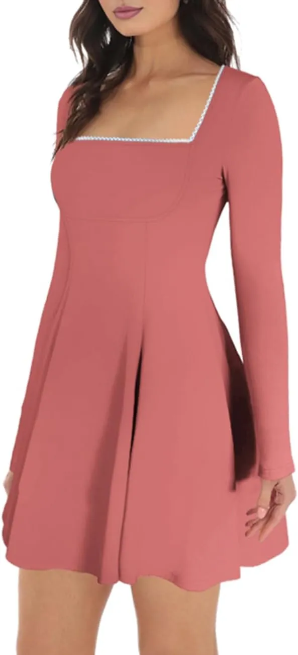 Lrady Womens Square Neck Bodice Dress Long Sleeve Flare A Line Club Party Mini Ruffle Swing Short Dresses