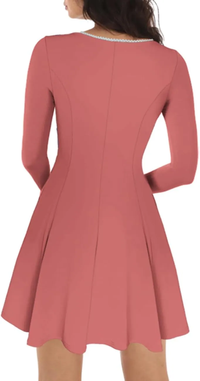 Lrady Womens Square Neck Bodice Dress Long Sleeve Flare A Line Club Party Mini Ruffle Swing Short Dresses