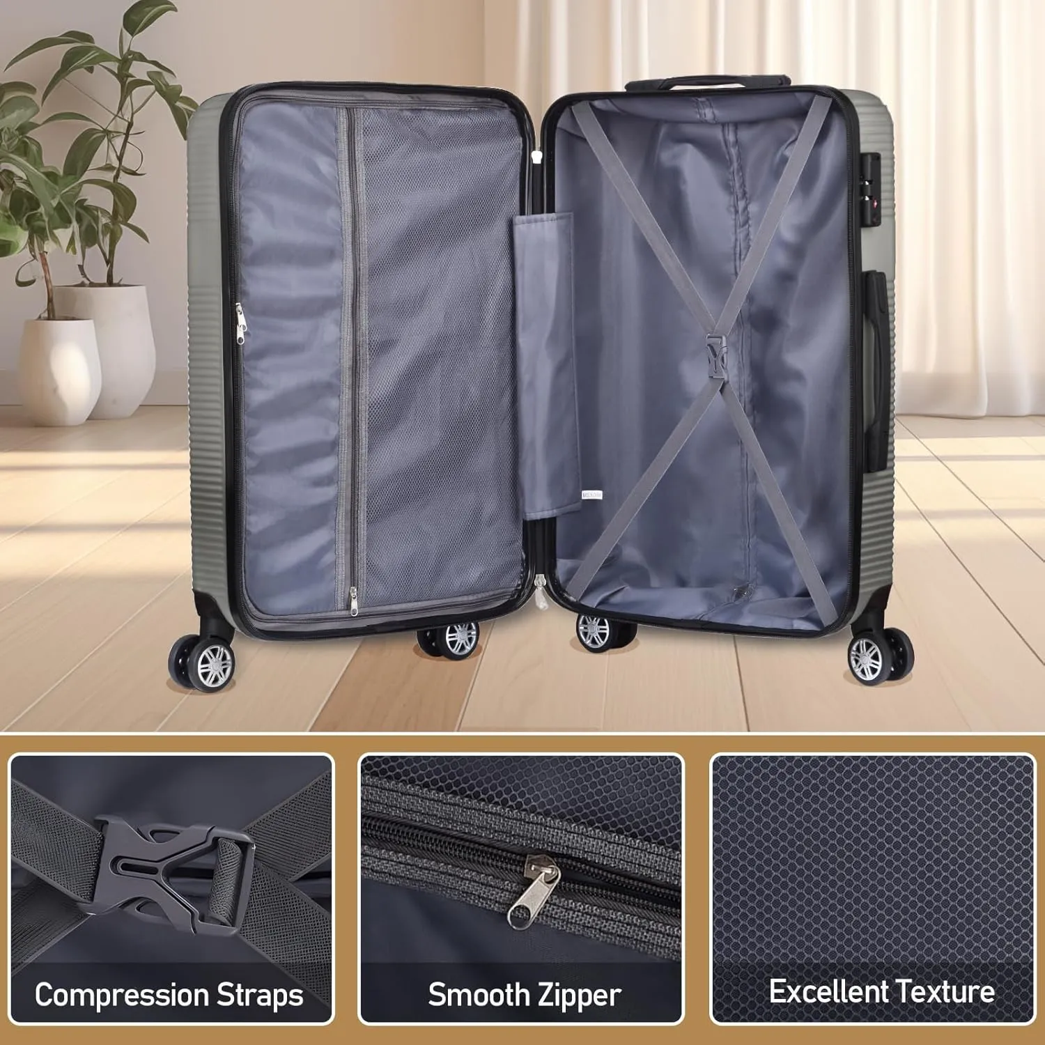 Luggage Sets 2 Piece,Large Suitcase 24 and 28 Inch,Hardshell Checked Luggage Sets with Spinner Wheels,Luggage Sets Clearance 24/28,Silver Grey