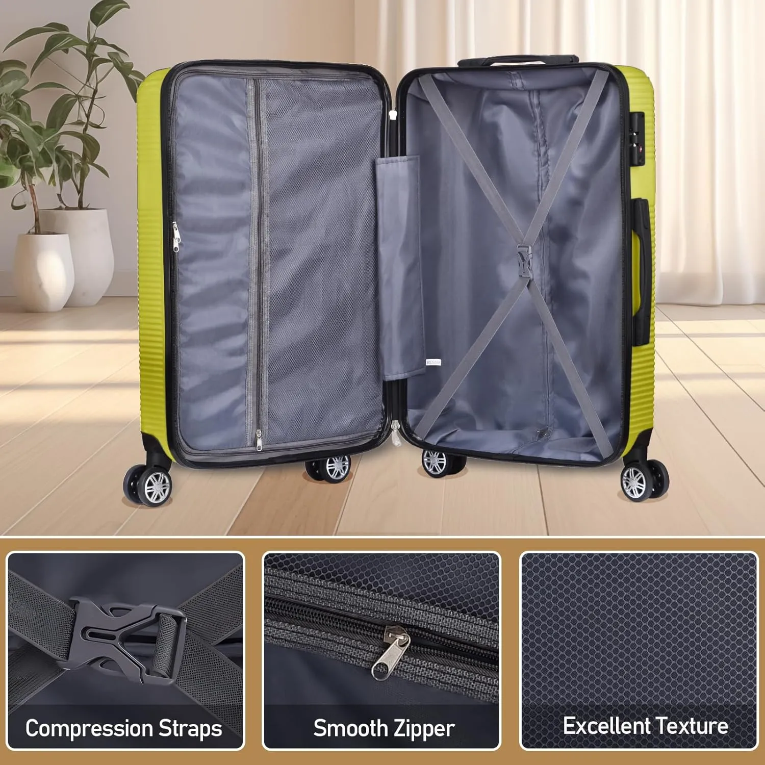 Luggage Sets 2 Piece,Large Suitcase 24 and 28 Inch,Hardshell Checked Luggage Sets with Spinner Wheels,Luggage Sets Clearance 24/28,Yellow