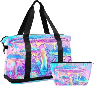 Magic Mushroom Sports Gym Bag with Waterproof Dry Wet Pocket, Travel Duffel Bag for Women MenWorkout Bag Fits Yoga, Swimming