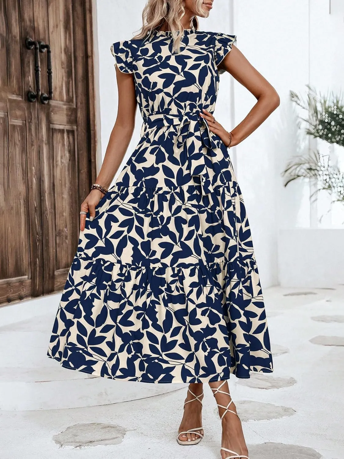MakeMeChic Women's Casual Floral Print Belted High Waisted A Line Layered Dress Ruffle Cap Sleeve Maxi Long Dress