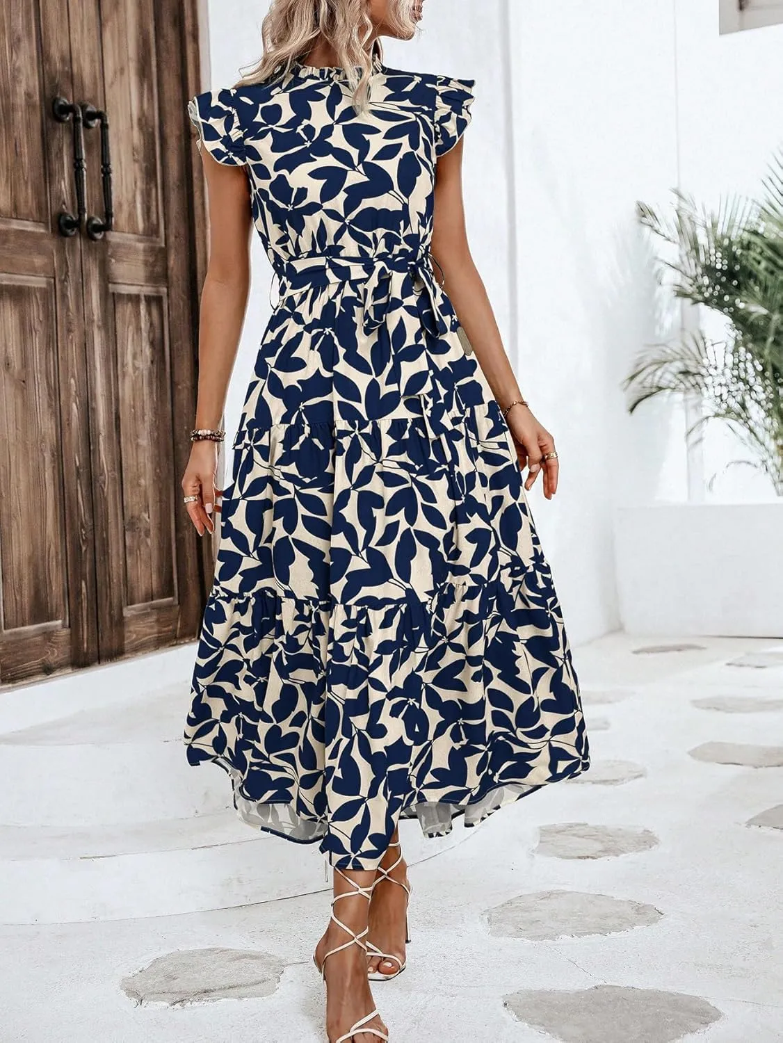MakeMeChic Women's Casual Floral Print Belted High Waisted A Line Layered Dress Ruffle Cap Sleeve Maxi Long Dress