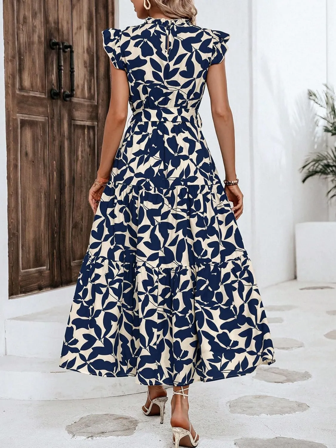 MakeMeChic Women's Casual Floral Print Belted High Waisted A Line Layered Dress Ruffle Cap Sleeve Maxi Long Dress