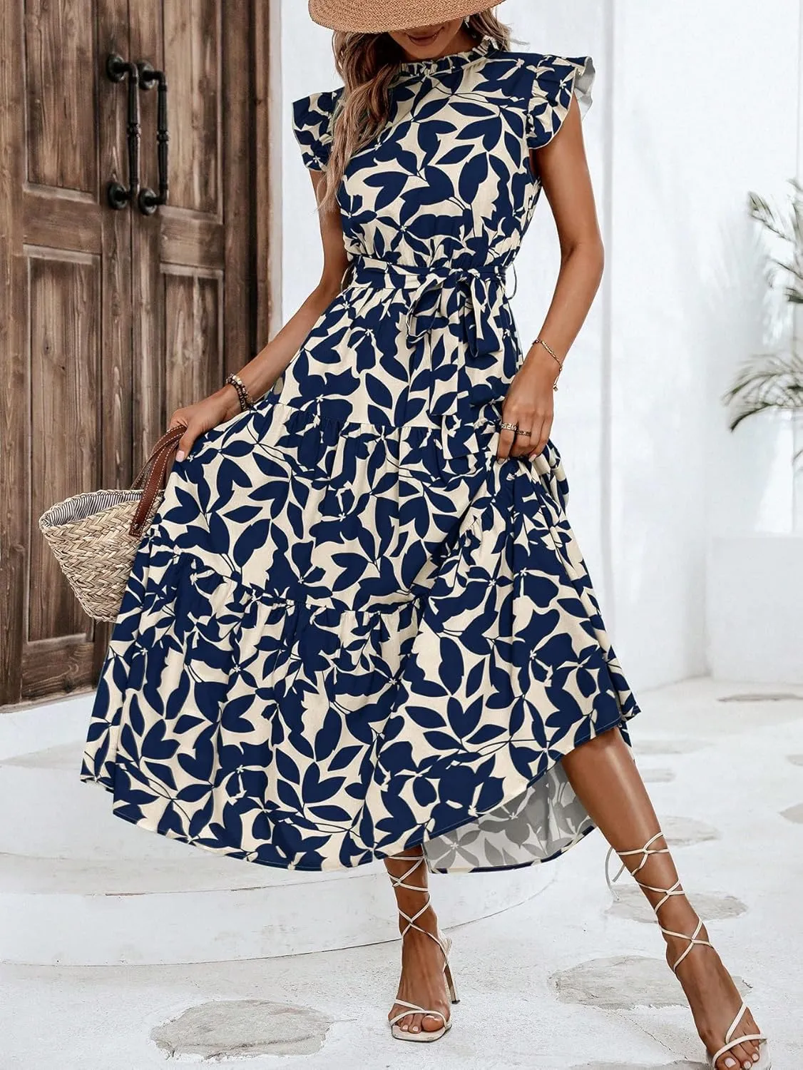 MakeMeChic Women's Casual Floral Print Belted High Waisted A Line Layered Dress Ruffle Cap Sleeve Maxi Long Dress