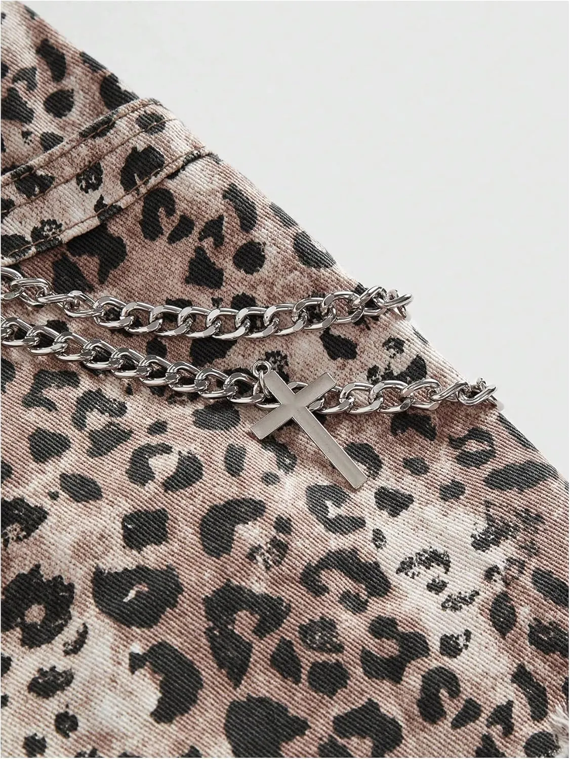 MakeMeChic Women's Cheetah Print Denim Cargo Skirt Chain Raw Trim Y2k Mini Skirts