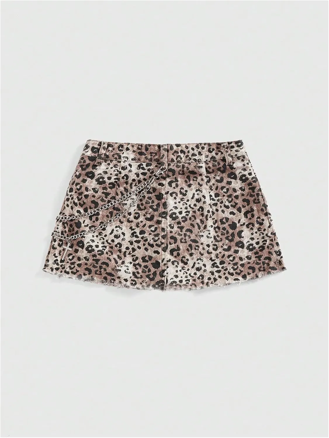MakeMeChic Women's Cheetah Print Denim Cargo Skirt Chain Raw Trim Y2k Mini Skirts