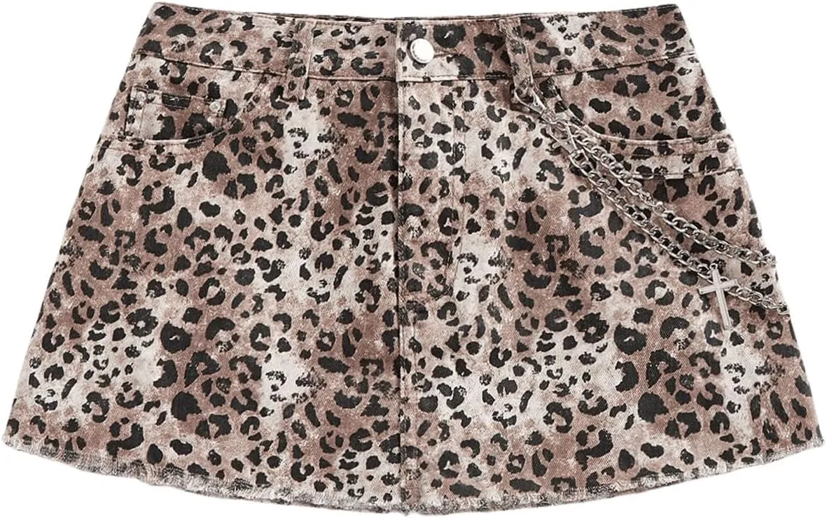 MakeMeChic Women's Cheetah Print Denim Cargo Skirt Chain Raw Trim Y2k Mini Skirts