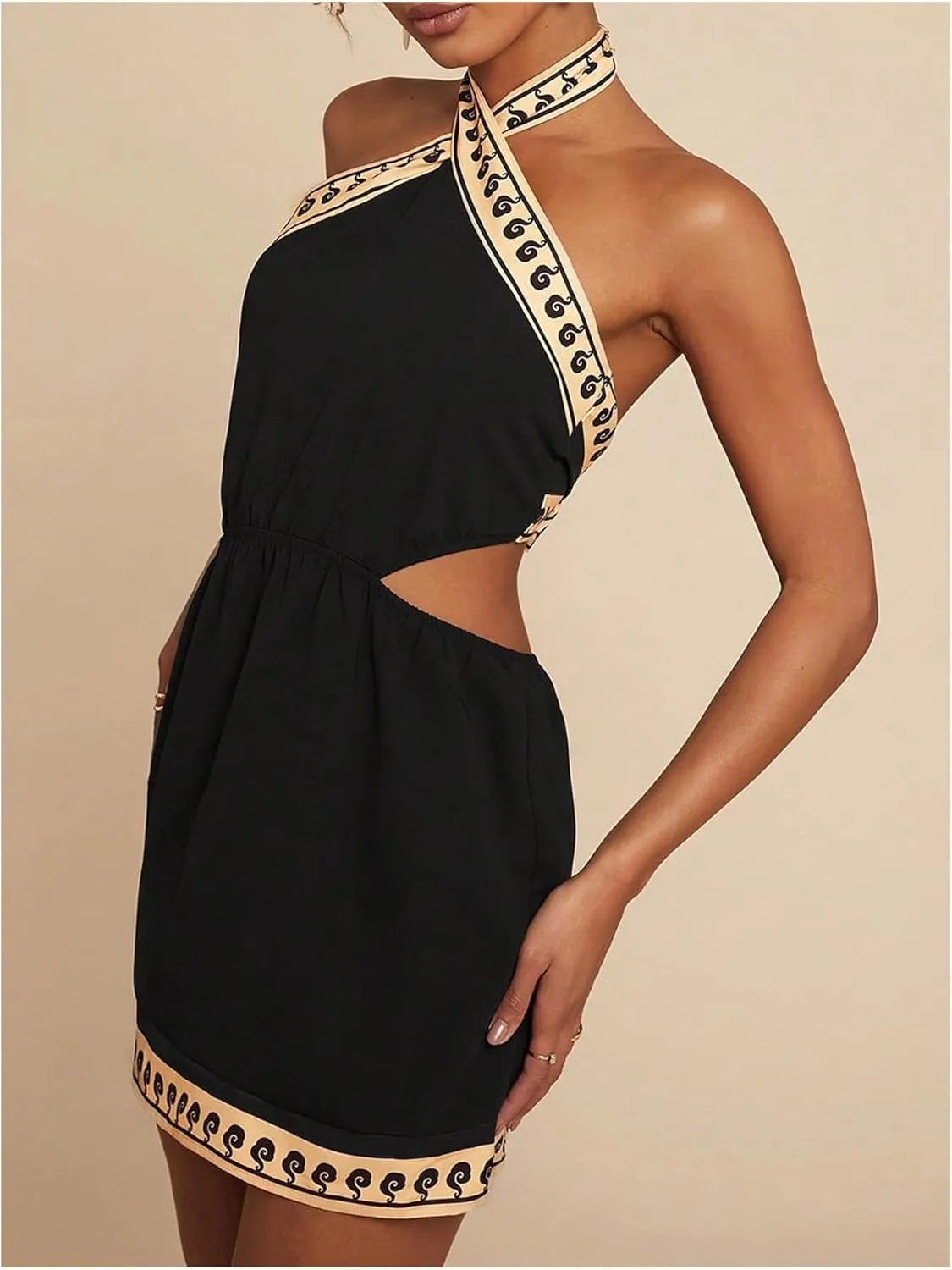 MakeMeChic Women's Chiffon Printed Halter Dress Tie Backless Criss Cross Cut Out Summer Mini Dresses