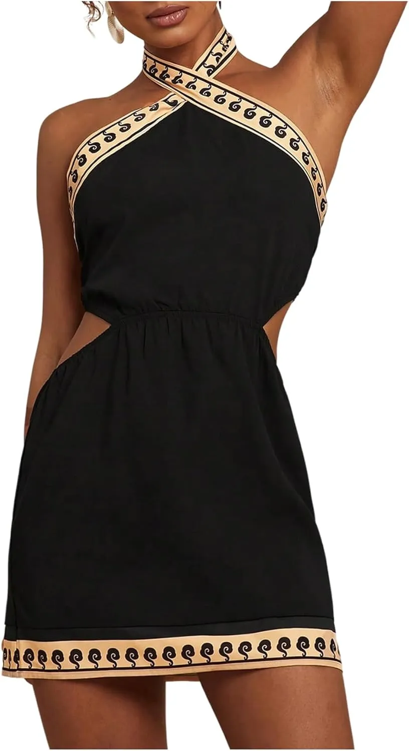 MakeMeChic Women's Chiffon Printed Halter Dress Tie Backless Criss Cross Cut Out Summer Mini Dresses