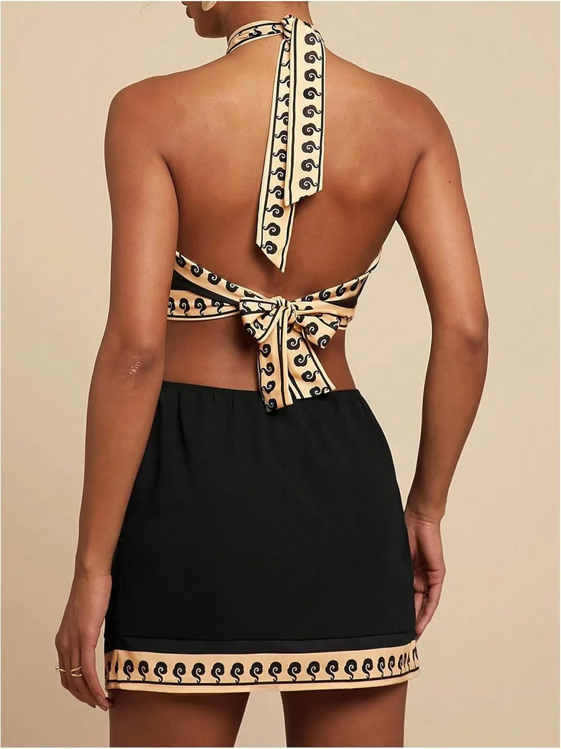 MakeMeChic Women's Chiffon Printed Halter Dress Tie Backless Criss Cross Cut Out Summer Mini Dresses