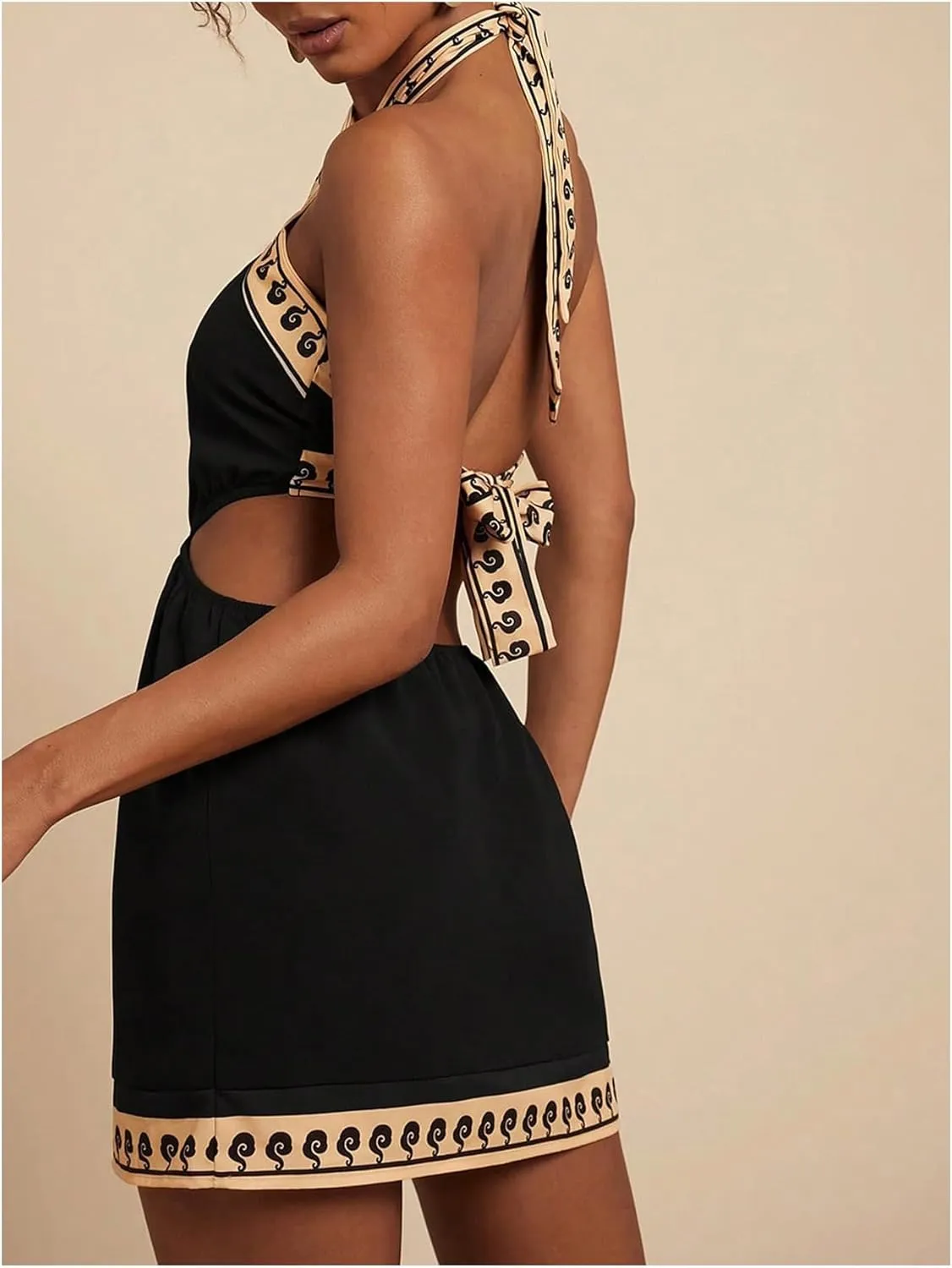 MakeMeChic Women's Chiffon Printed Halter Dress Tie Backless Criss Cross Cut Out Summer Mini Dresses