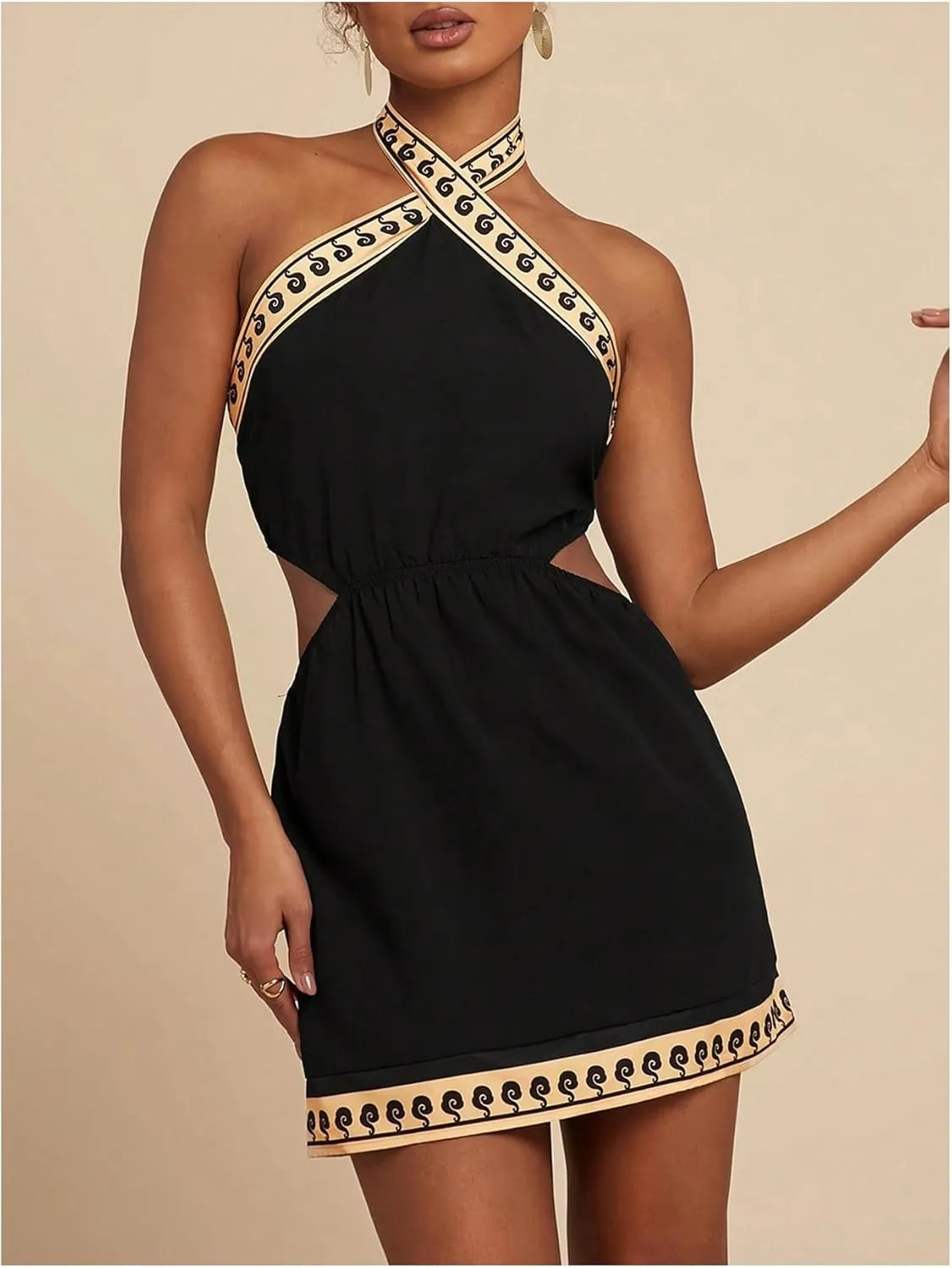 MakeMeChic Women's Chiffon Printed Halter Dress Tie Backless Criss Cross Cut Out Summer Mini Dresses
