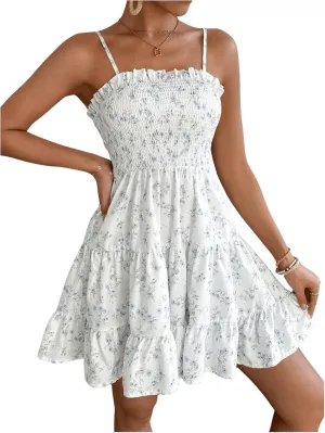 MakeMeChic Women's Ditsy Floral Print Shirred Ruffle Tiered Frill Trim Summer Mini Cami Dress