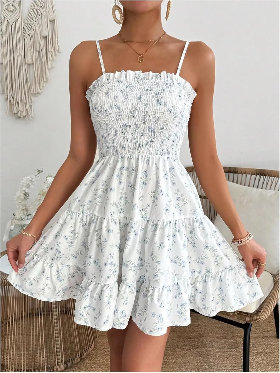 MakeMeChic Women's Ditsy Floral Print Shirred Ruffle Tiered Frill Trim Summer Mini Cami Dress