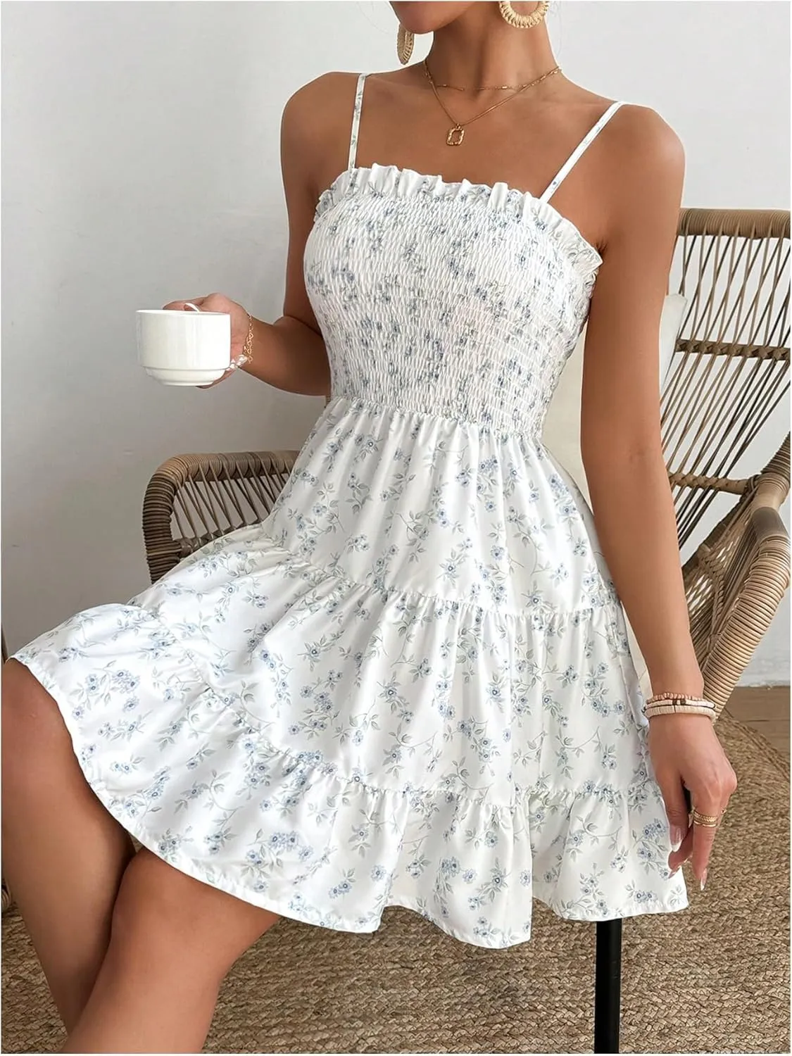 MakeMeChic Women's Ditsy Floral Print Shirred Ruffle Tiered Frill Trim Summer Mini Cami Dress
