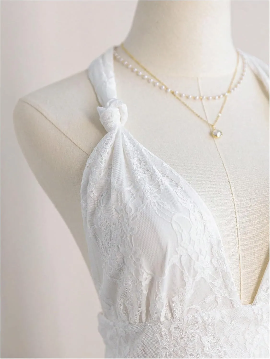 MakeMeChic Women's Floral Lace Halter Bow Knot Ruched Lettuce Trim Mesh Tiered Mini Dress