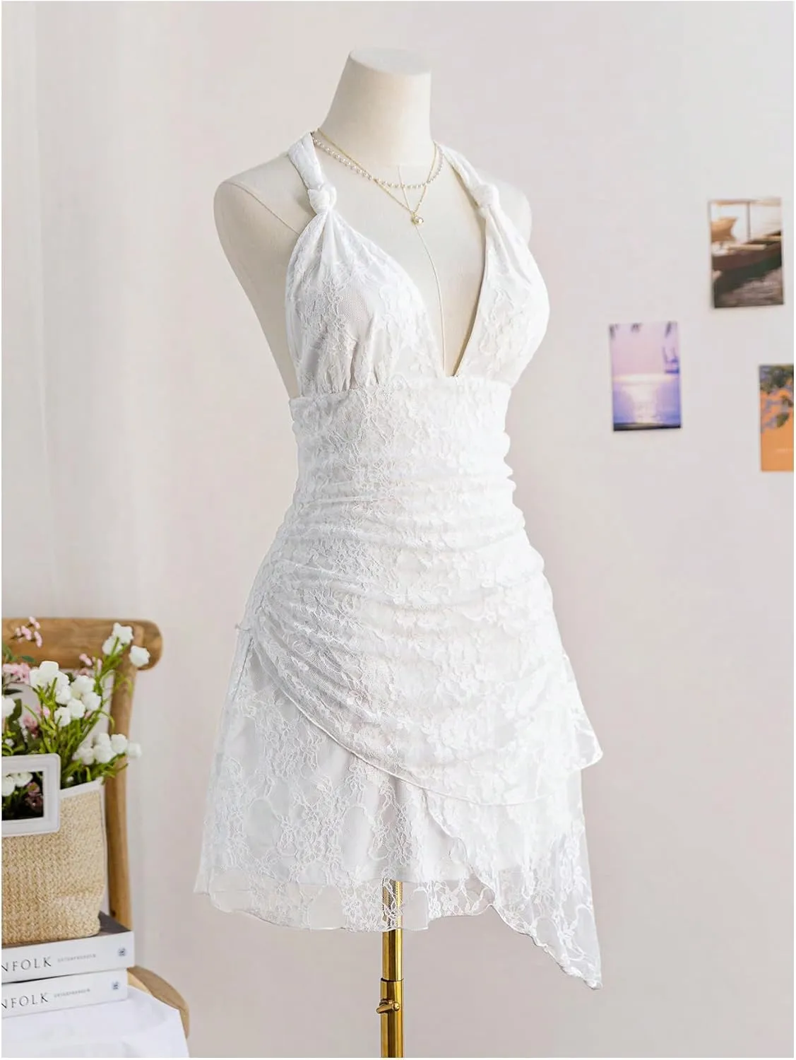 MakeMeChic Women's Floral Lace Halter Bow Knot Ruched Lettuce Trim Mesh Tiered Mini Dress