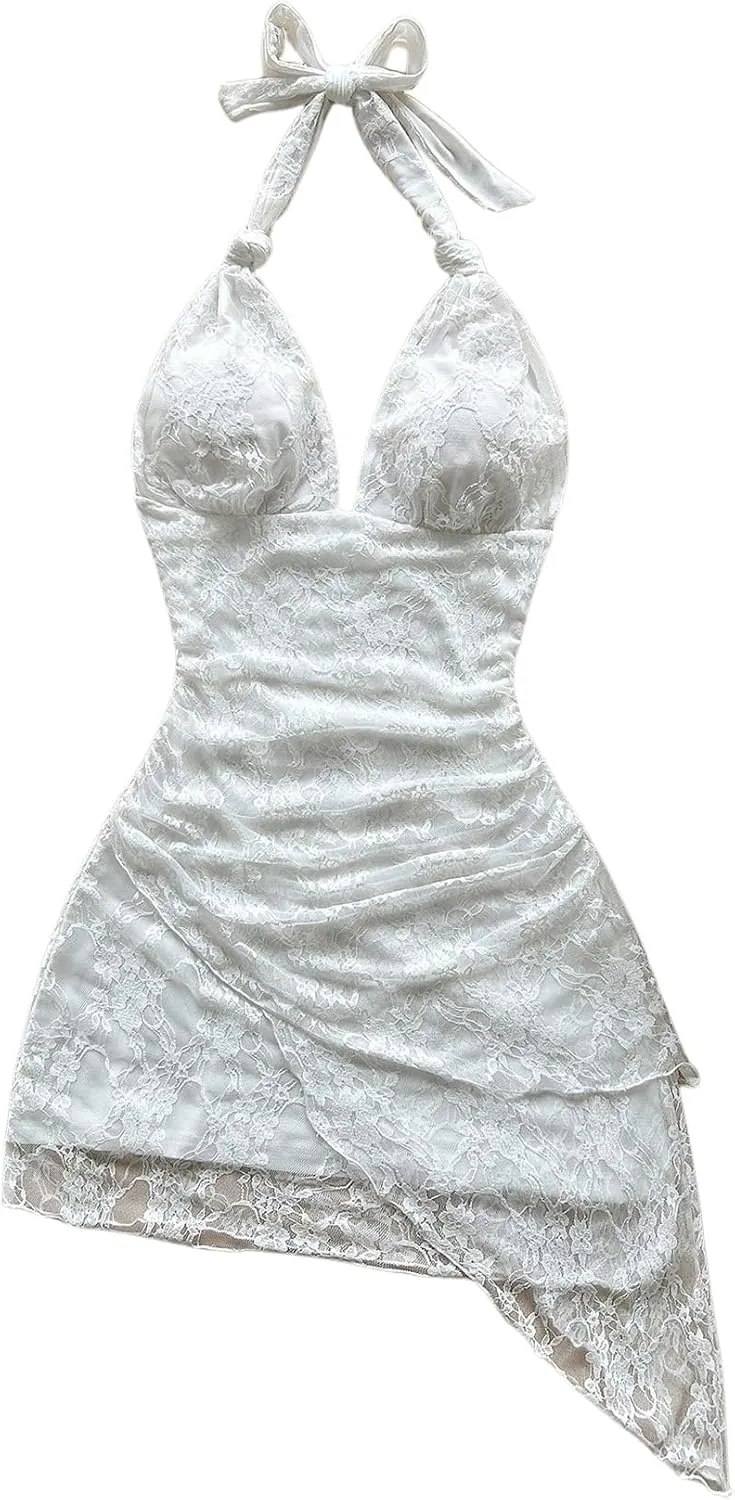MakeMeChic Women's Floral Lace Halter Bow Knot Ruched Lettuce Trim Mesh Tiered Mini Dress