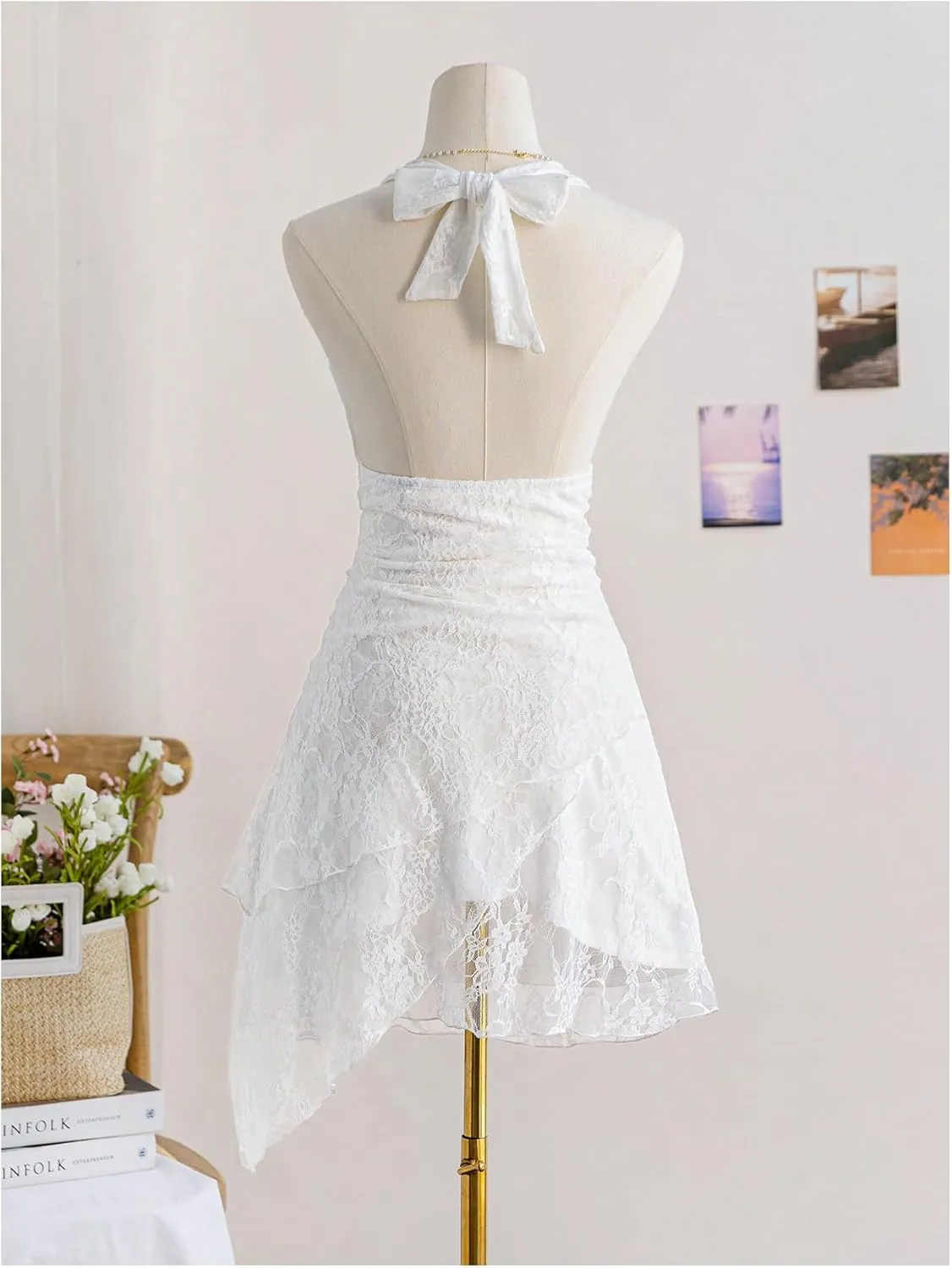 MakeMeChic Women's Floral Lace Halter Bow Knot Ruched Lettuce Trim Mesh Tiered Mini Dress