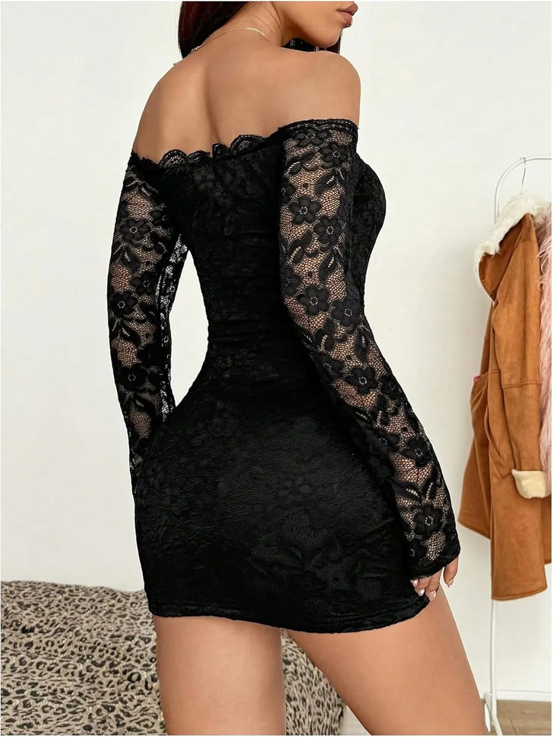 MakeMeChic Women's Floral Lace Off The Shoulder Dress Scallop Trim Bodycon Mini Dresses