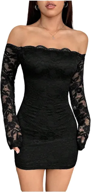 MakeMeChic Women's Floral Lace Off The Shoulder Dress Scallop Trim Bodycon Mini Dresses