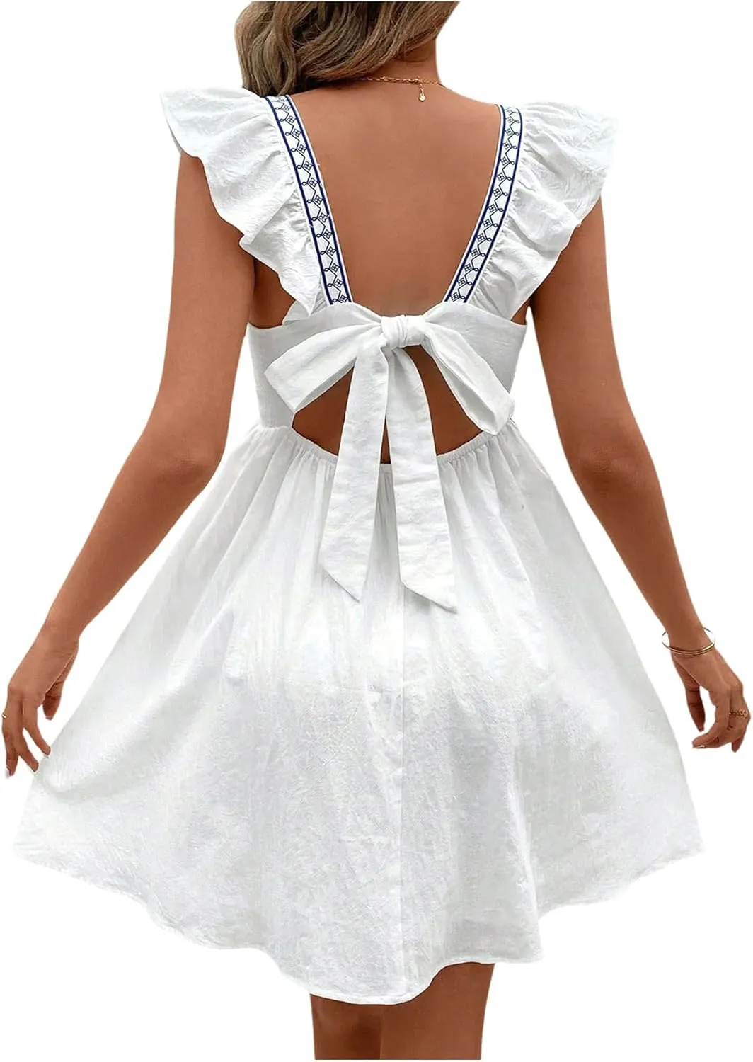 MakeMeChic Women's Floral Print Knot Back Square Neck Cap Sleeve A Line Mini Dress