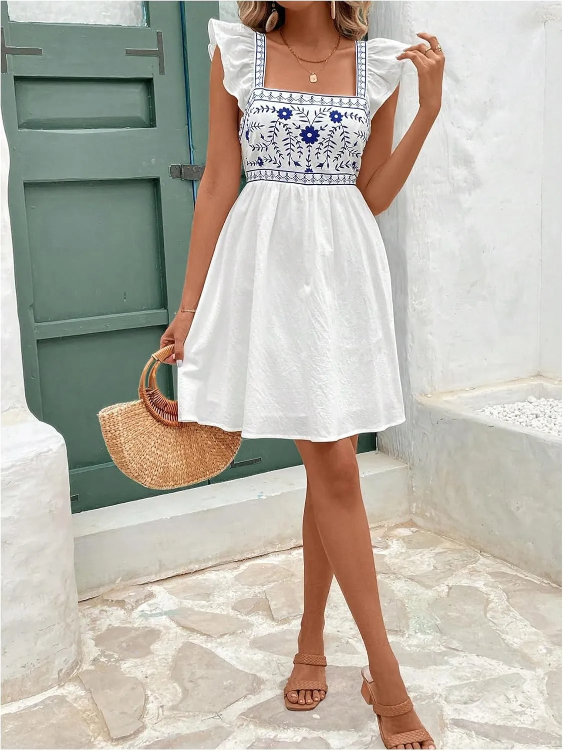 MakeMeChic Women's Floral Print Knot Back Square Neck Cap Sleeve A Line Mini Dress