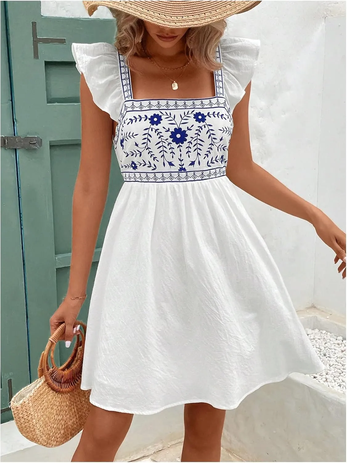MakeMeChic Women's Floral Print Knot Back Square Neck Cap Sleeve A Line Mini Dress