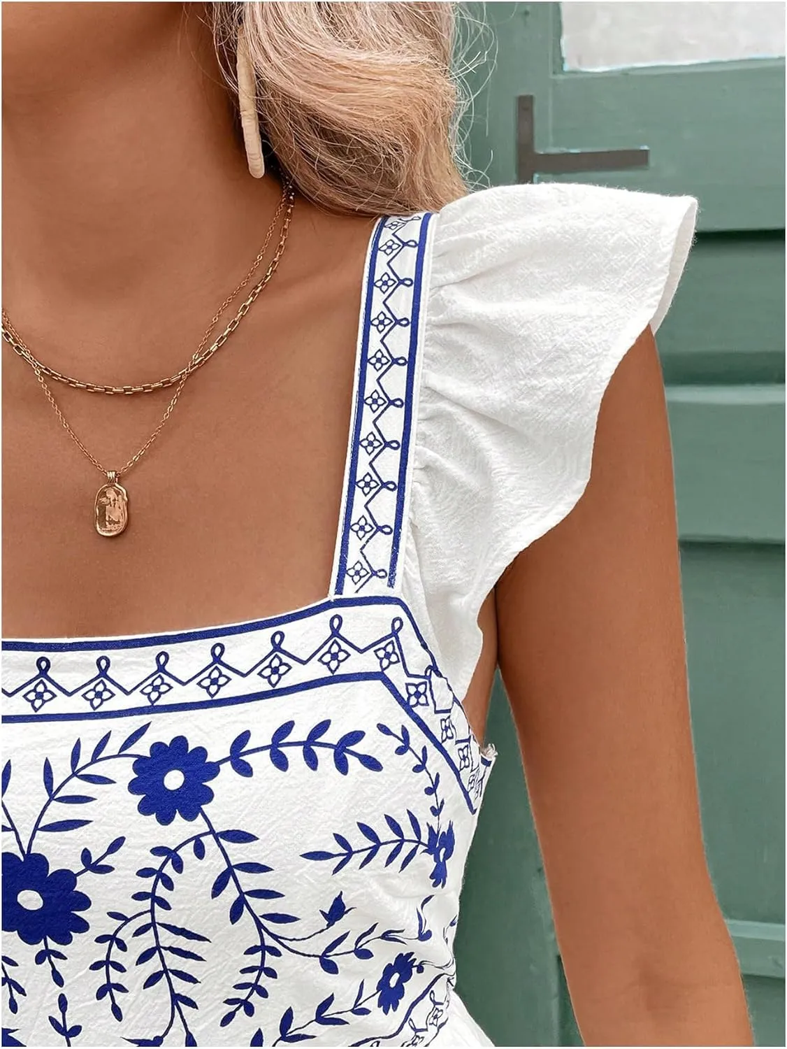 MakeMeChic Women's Floral Print Knot Back Square Neck Cap Sleeve A Line Mini Dress