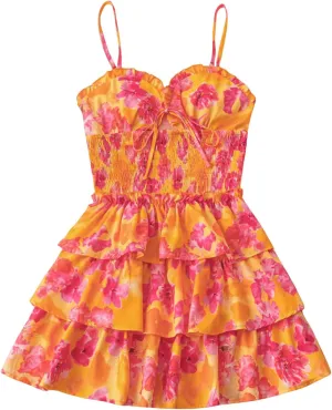 MakeMeChic Women's Floral Print Shirred Mini Dress Frill Trim Ruffle Tiered Boho Dresses