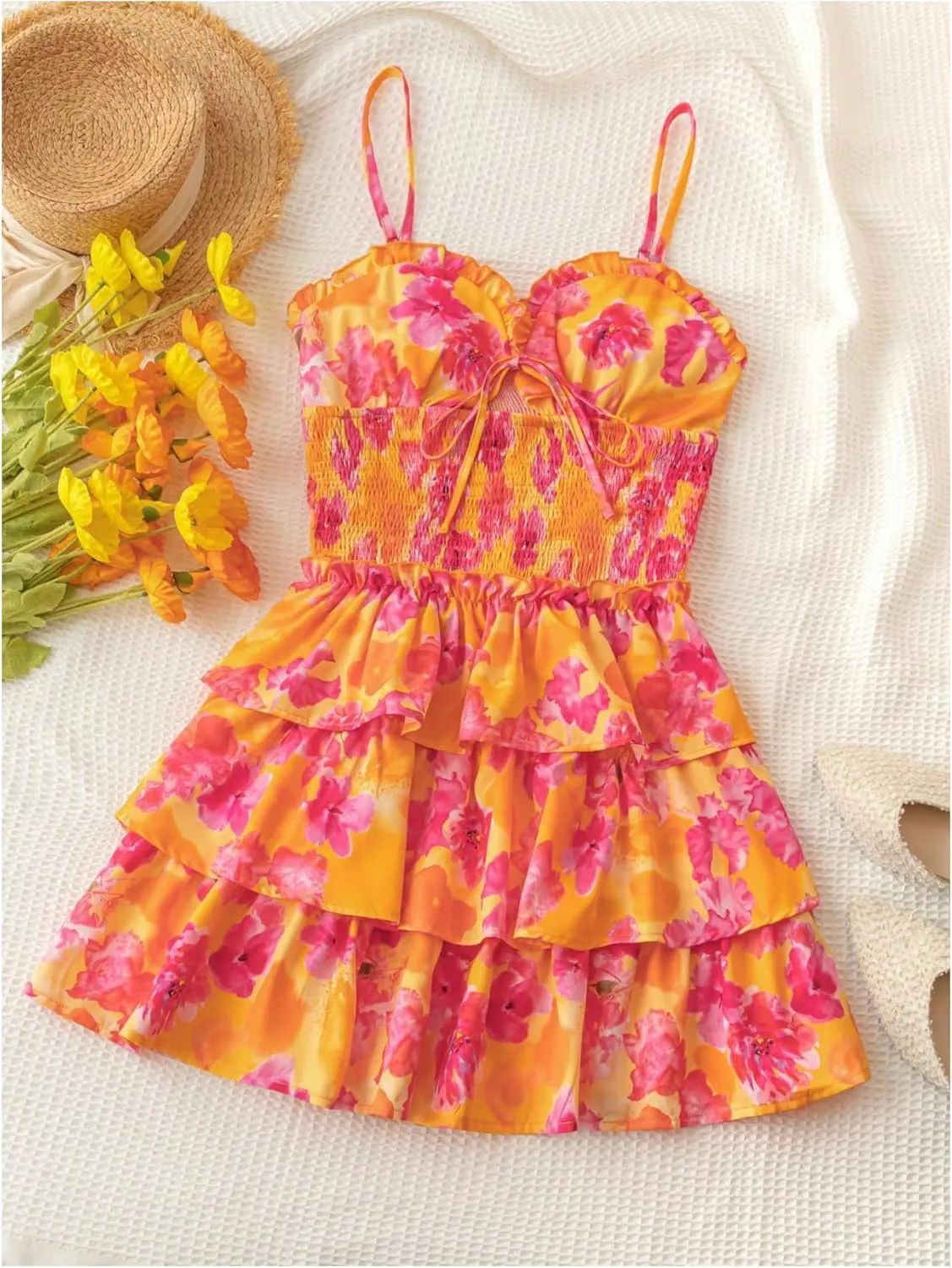 MakeMeChic Women's Floral Print Shirred Mini Dress Frill Trim Ruffle Tiered Boho Dresses