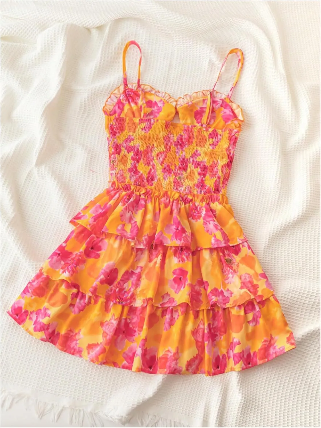 MakeMeChic Women's Floral Print Shirred Mini Dress Frill Trim Ruffle Tiered Boho Dresses