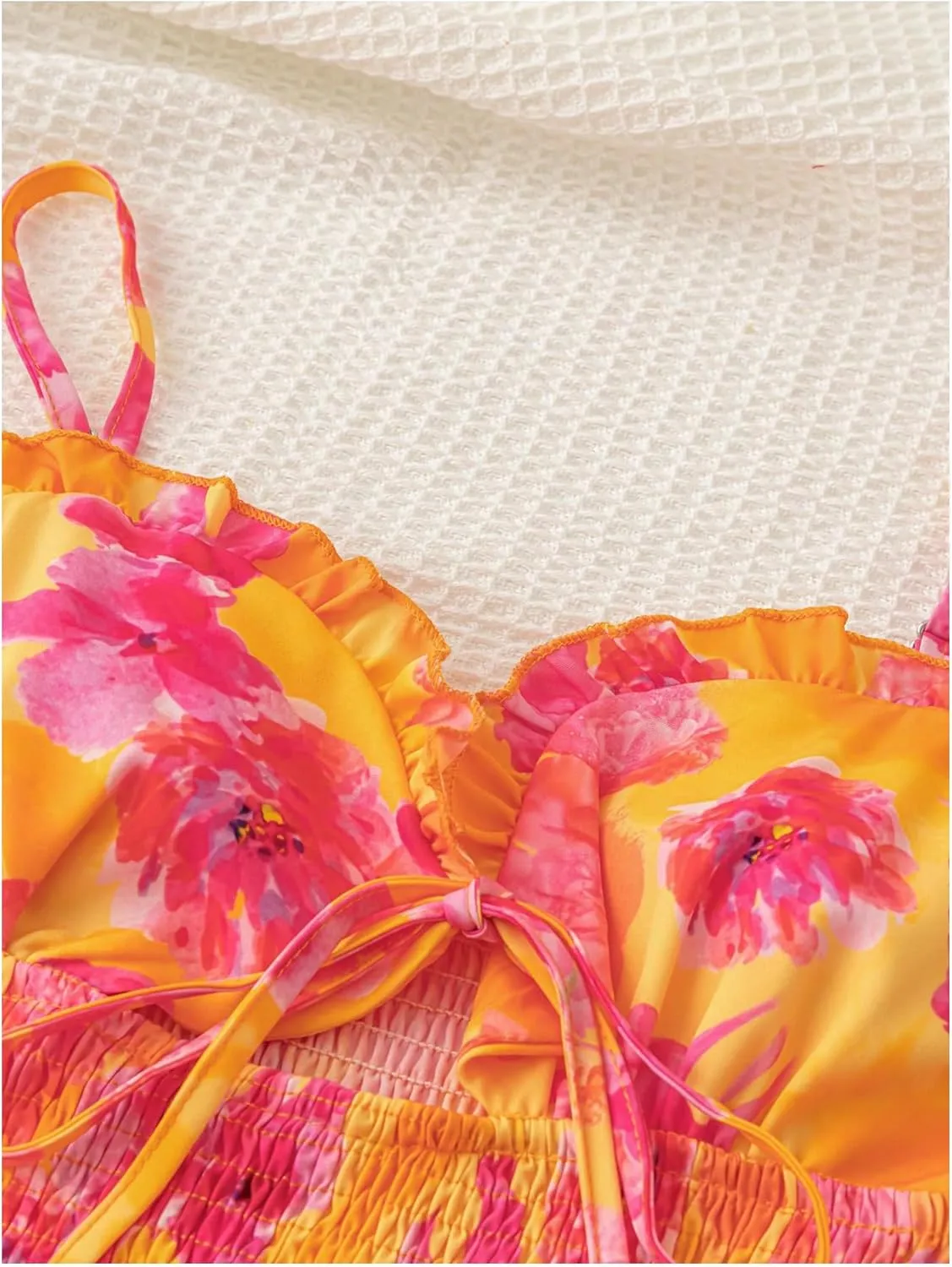 MakeMeChic Women's Floral Print Shirred Mini Dress Frill Trim Ruffle Tiered Boho Dresses