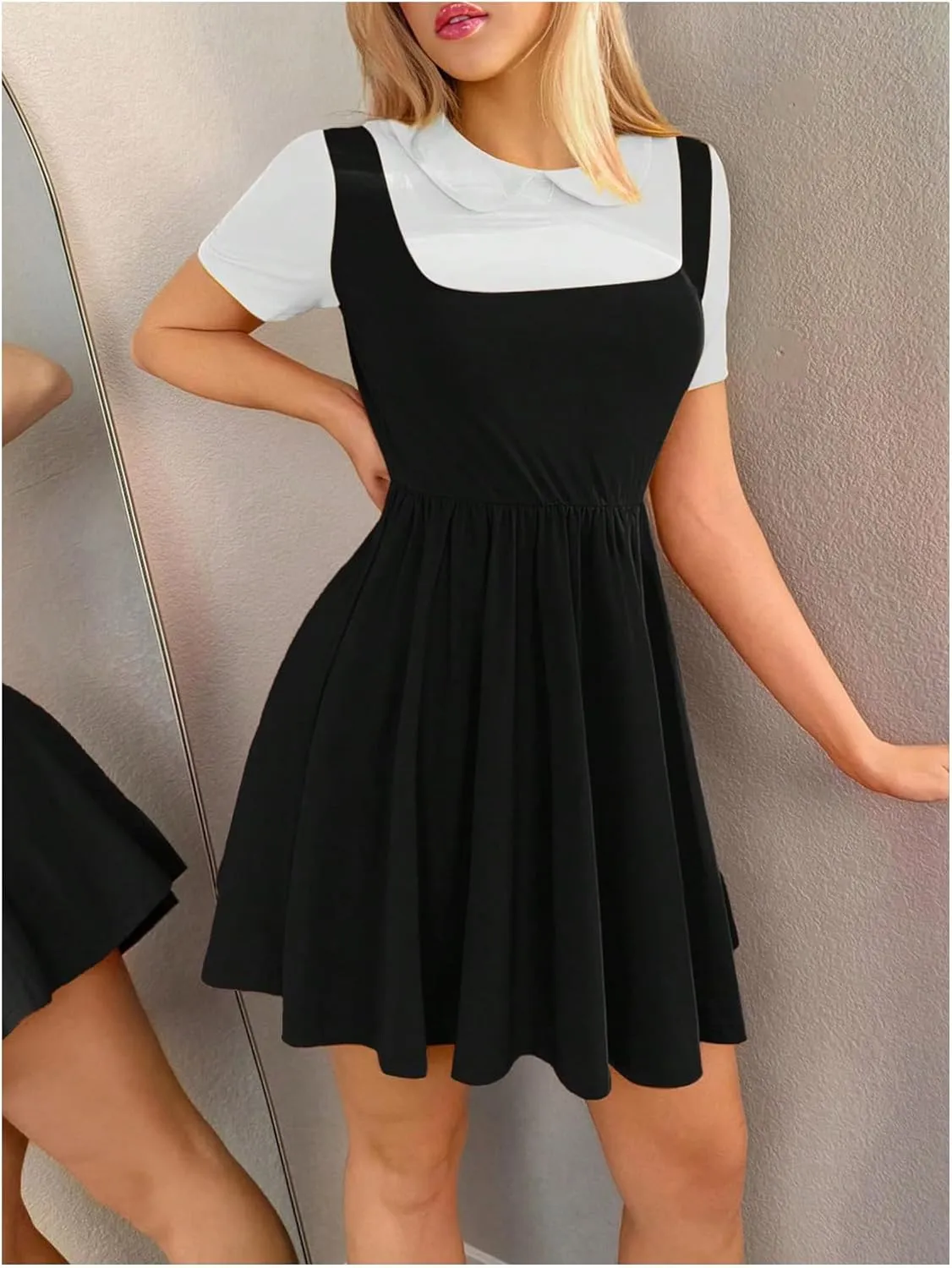 MakeMeChic Women's Korean Game Cosplay Costume Two Tone Crew Neck Mini Dress Short Sleeve Ruffle A Line Dresses