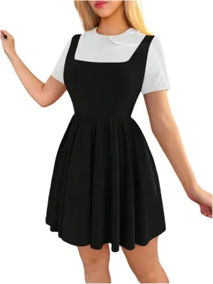 MakeMeChic Women's Korean Game Cosplay Costume Two Tone Crew Neck Mini Dress Short Sleeve Ruffle A Line Dresses