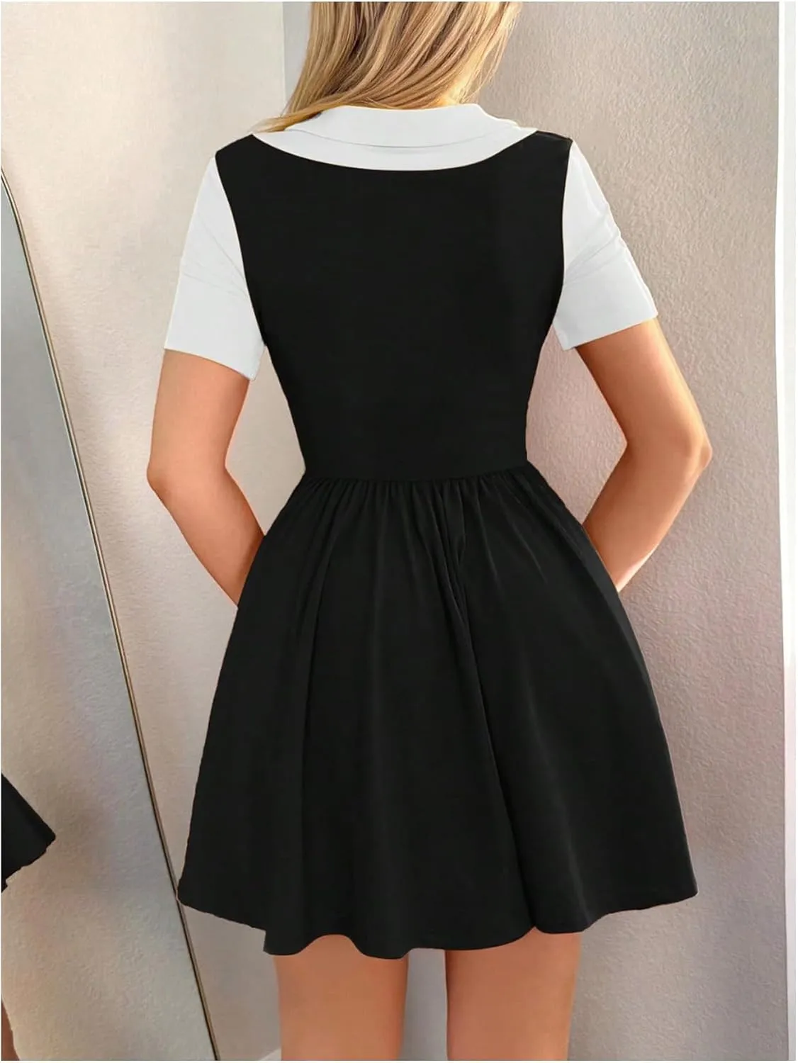 MakeMeChic Women's Korean Game Cosplay Costume Two Tone Crew Neck Mini Dress Short Sleeve Ruffle A Line Dresses