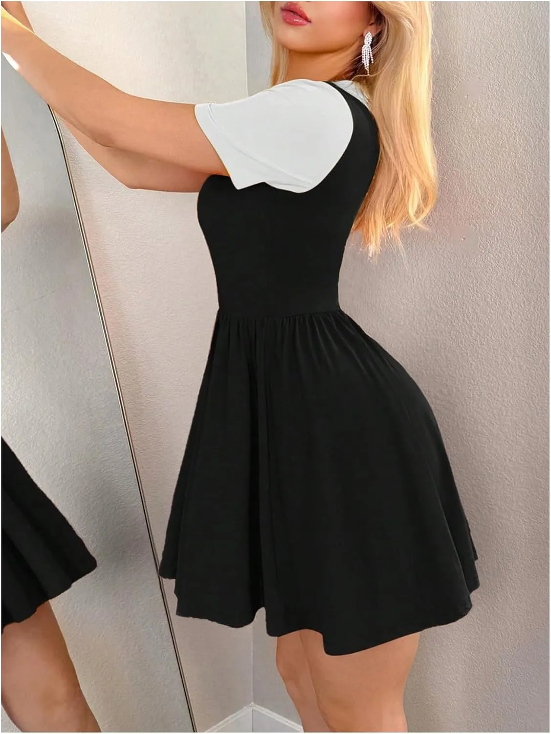MakeMeChic Women's Korean Game Cosplay Costume Two Tone Crew Neck Mini Dress Short Sleeve Ruffle A Line Dresses