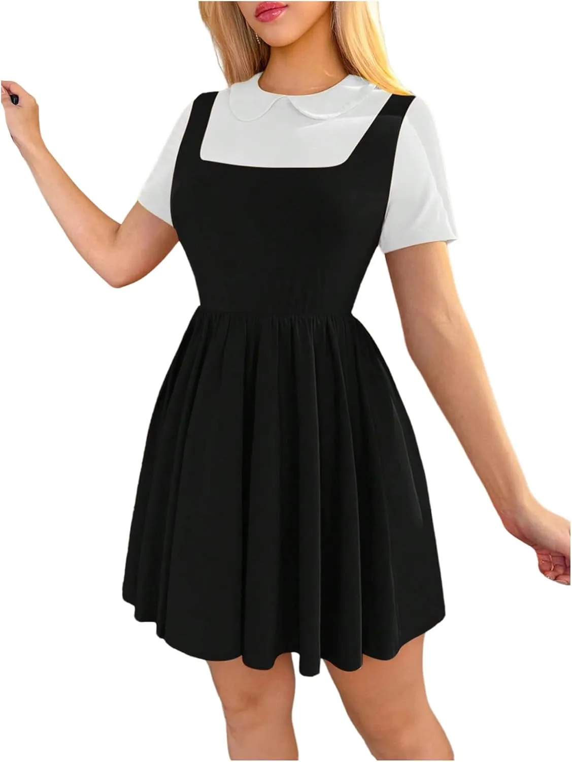 MakeMeChic Women's Korean Game Cosplay Costume Two Tone Crew Neck Mini Dress Short Sleeve Ruffle A Line Dresses
