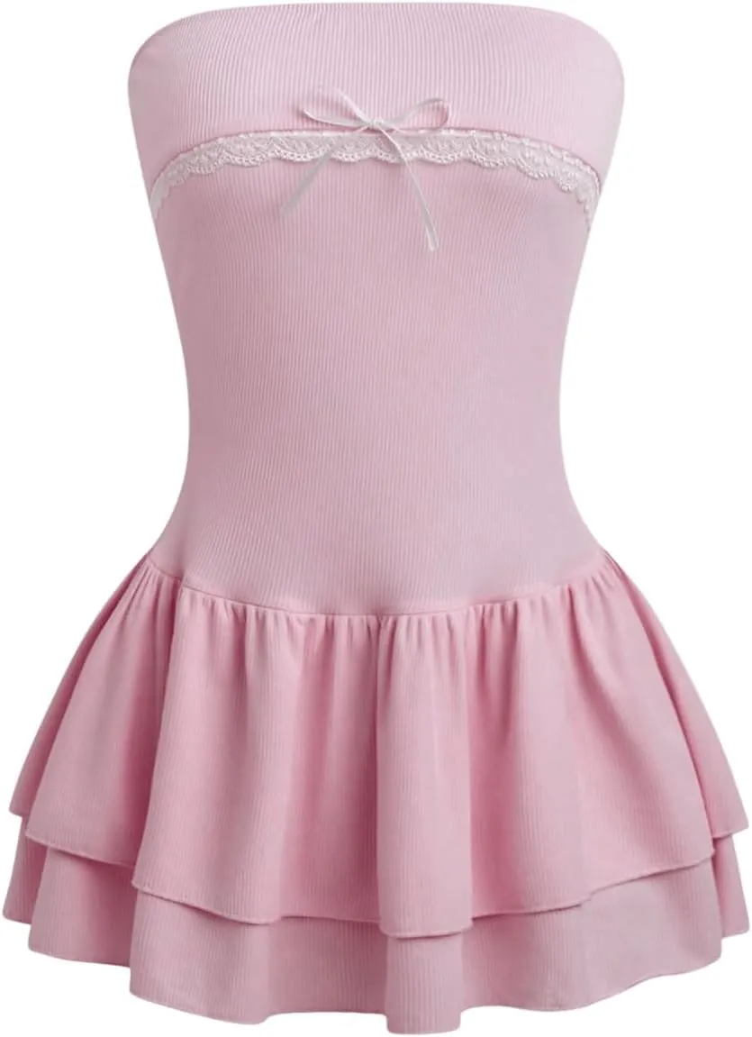 MakeMeChic Women's Lace Trim Bandeau Mini Dress Bow Knot Ruffle Tiered A Line Dresses